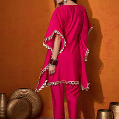 Embroidered  V-Neck Mirror work Kaftan With Trousers