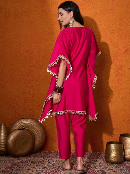 Embroidered  V-Neck Mirror work Kaftan With Trousers