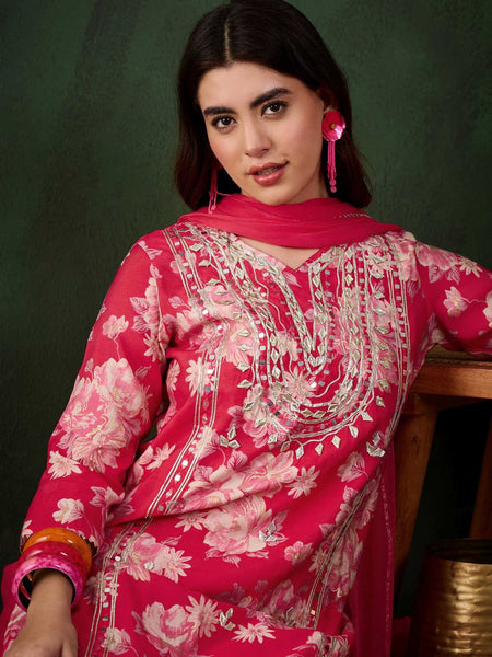 Floral Embroidered Round Neck Kurta With Dhoti Pants And Dupatta