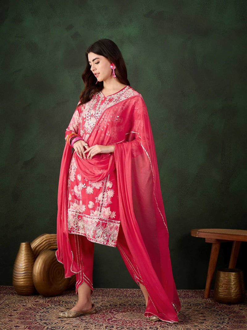 Floral Embroidered Round Neck Kurta With Dhoti Pants And Dupatta