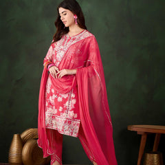Floral Embroidered Round Neck Kurta With Dhoti Pants And Dupatta