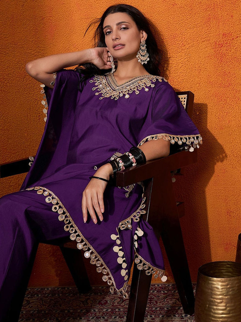 Ethnic Motifs Yoke Design Embroidered Kaftan Kurta & Trousers