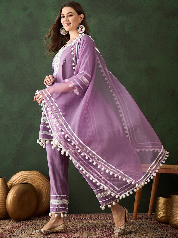 Purple Floral Embroidered Mirror Work A-Line Kurta With Trousers & Dupatta