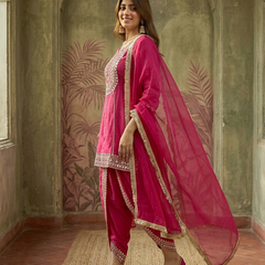 Purple Floral Embroidered & Sequinned A-Line Kurta With Dhoti Pant & Dupatta Kurta Set