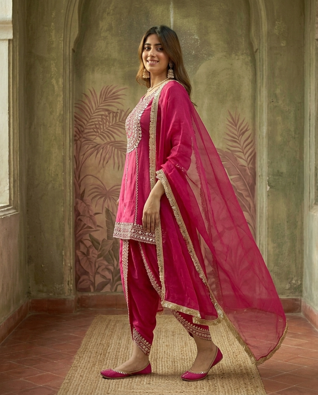 Purple Floral Embroidered & Sequinned A-Line Kurta With Dhoti Pant & Dupatta Kurta Set
