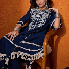 Floral Embroidered Regular Mirror Work A-Line Kurta with Palazzo