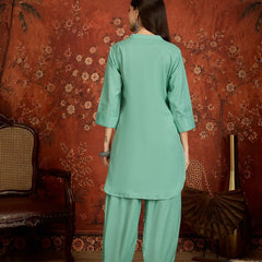Elaichi Green Mandarin Collar Pure Cotton Tunic With Trousers Kurta Set