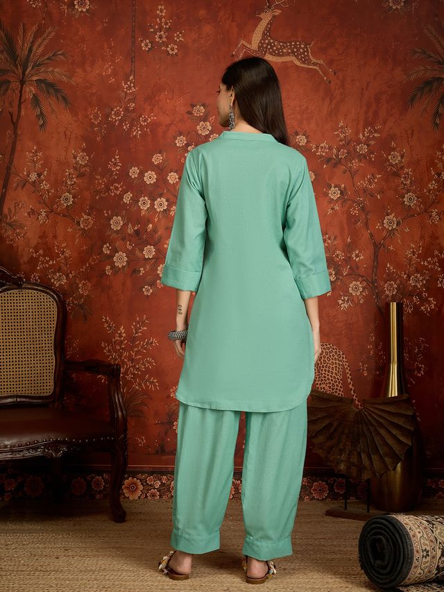 Elaichi Green Mandarin Collar Pure Cotton Tunic With Trousers Kurta Set