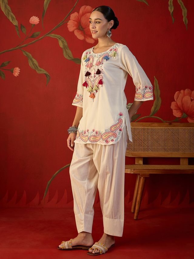 White Floral Embroidered Tunic With Farshi Salwar  Co-Ords Set