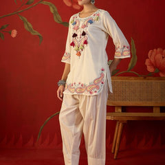 White Floral Embroidered Tunic With Farshi Salwar  Co-Ords Set