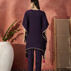 Burgundy Yoke Design Beads And Stones Round Neck Kaftan Kurta With Trousers