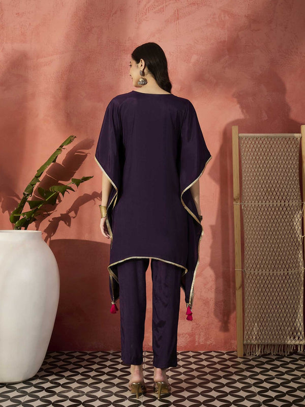 Burgundy Yoke Design Beads And Stones Round Neck Kaftan Kurta With Trousers