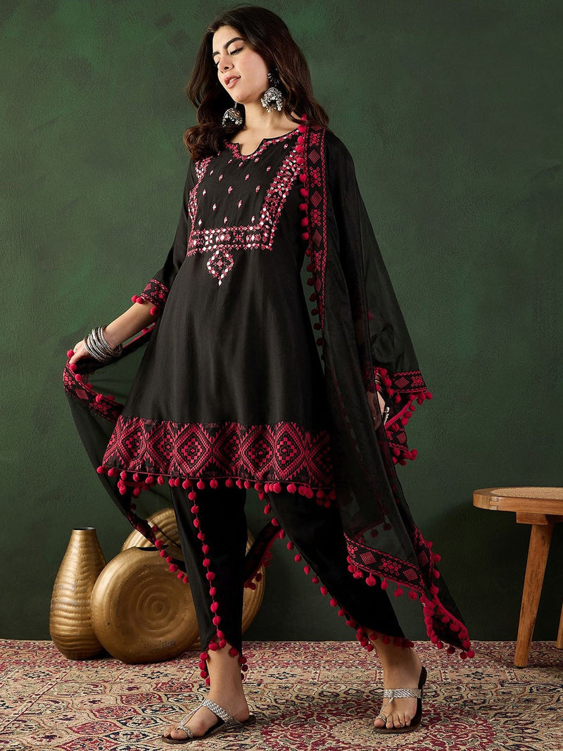 Floral Printed Mirror Work Pure Cotton Kurta With Dhoti Pant & Dupatta