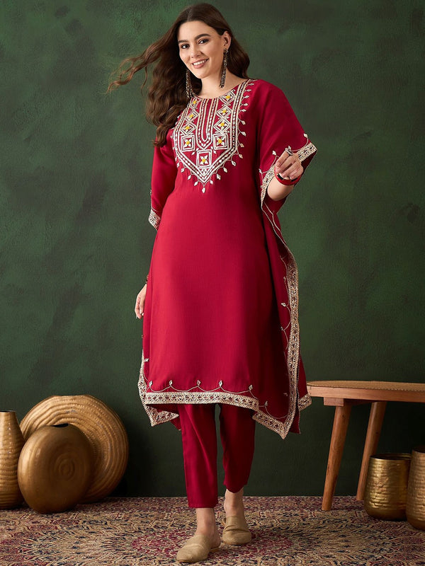 Floral Embroidered & Mirror Work Kaftan Kurta With Trousers