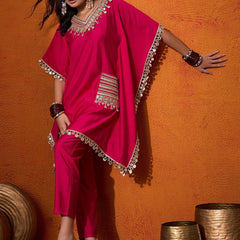 Embroidered  V-Neck Mirror work Kaftan With Trousers