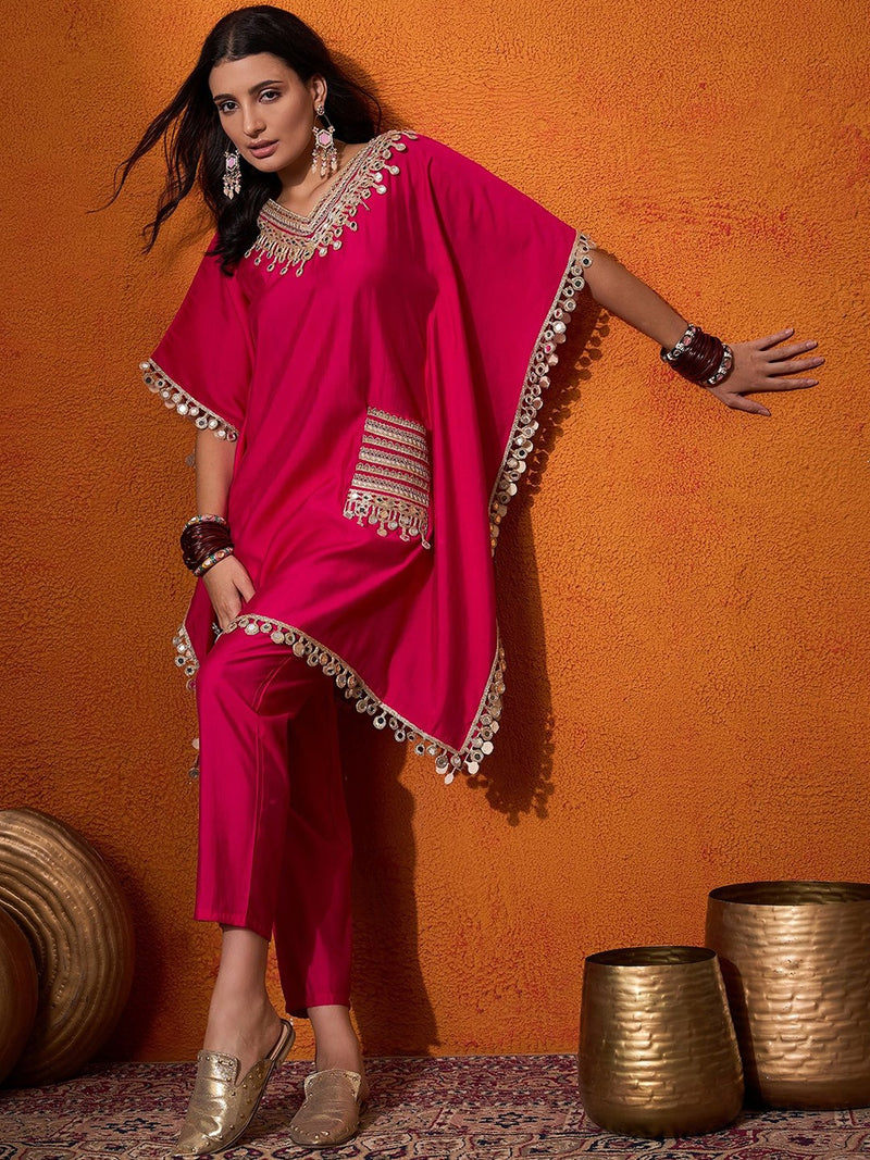 Embroidered V-Neck Mirror work Kaftan With Trousers