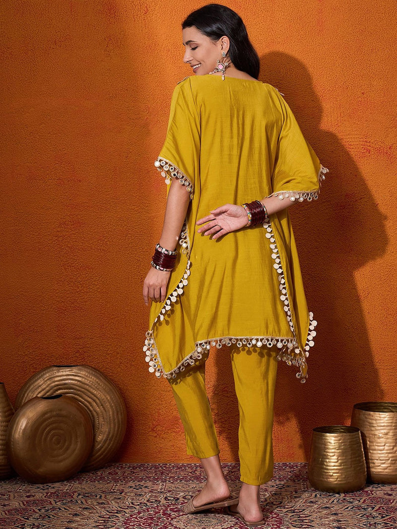 V-Neck Short Sleeves Regular Mirror Work A-Line Kaftan With Trouser