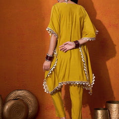 V-Neck Short Sleeves Regular Mirror Work A-Line Kaftan With Trouser