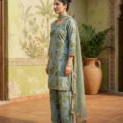 Floral Print & Embroidered  Straight Kurta With Trousers & Dupatta
