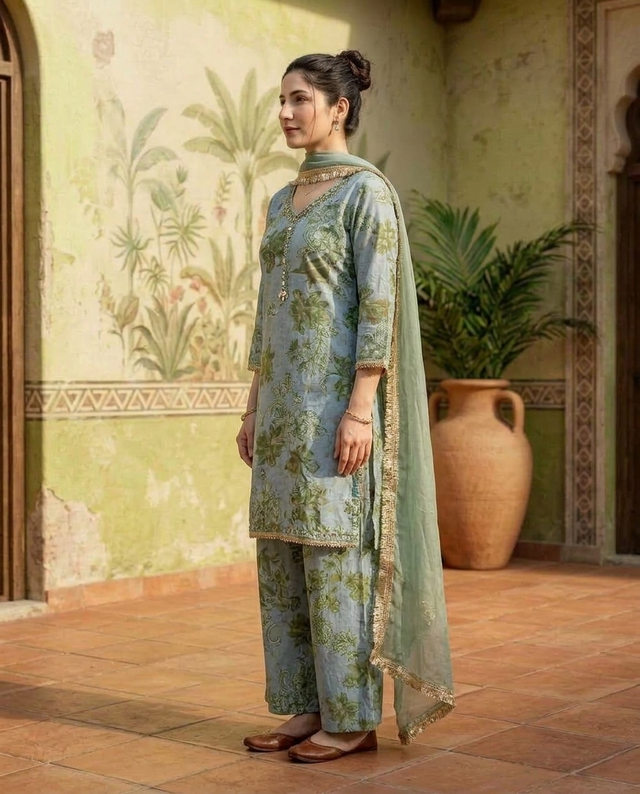 Floral Print & Embroidered  Straight Kurta With Trousers & Dupatta
