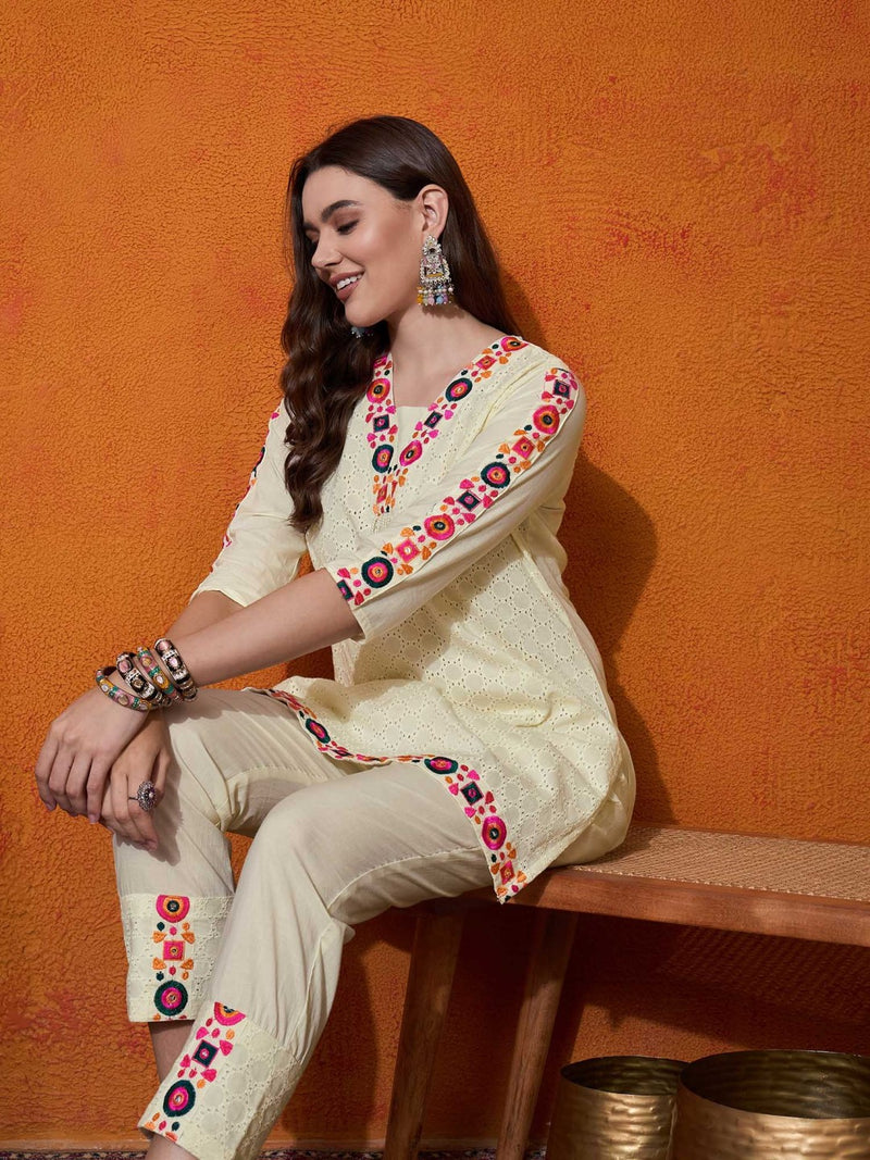 Abstract Embroidered Pure Cotton Top With Trouser Co-Ords