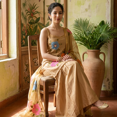 Beige Hand Block Print & Mirror Work Sholder Strap Kurta With Sharara & Dupatta