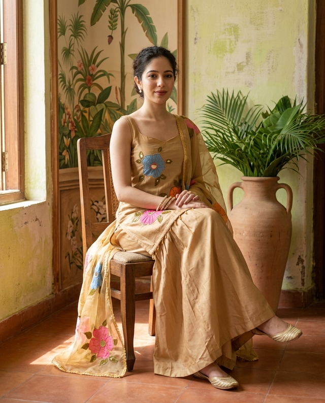 Beige Hand Block Print & Mirror Work Sholder Strap Kurta With Sharara & Dupatta