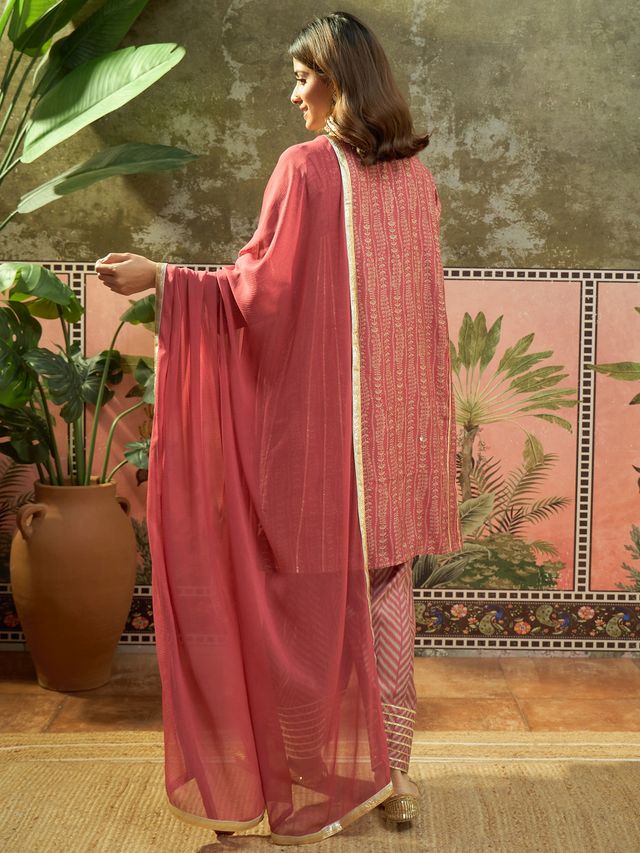 Ethnic Motif Print & Gota Work A-Line Kurta With Farsi Salwar & Dupatta Kurta Set