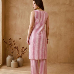 Pink Striped Print Pure Cotton Shoulder Straps Kurta & Trousers
