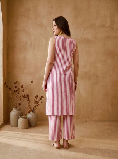 Pink Striped Print Pure Cotton Shoulder Straps Kurta & Trousers