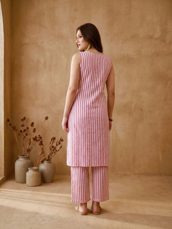 Pink Striped Print Pure Cotton Shoulder Straps Kurta & Trousers