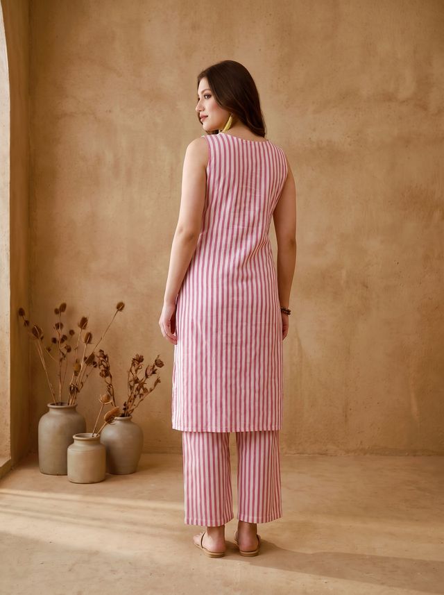 Pink Striped Print Pure Cotton Shoulder Straps Kurta & Trousers