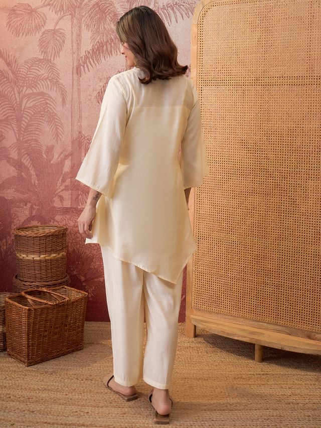 White Hand Block Print & Embroidered Top With Jacket & Trouser Co-Ords