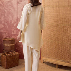 White Hand Block Print & Embroidered Top With Jacket & Trouser Co-Ords