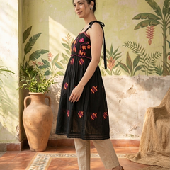 Floral Embroidered Thread Work A-Line Midi Dresss