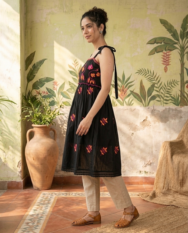 Floral Embroidered Thread Work A-Line Midi Dresss