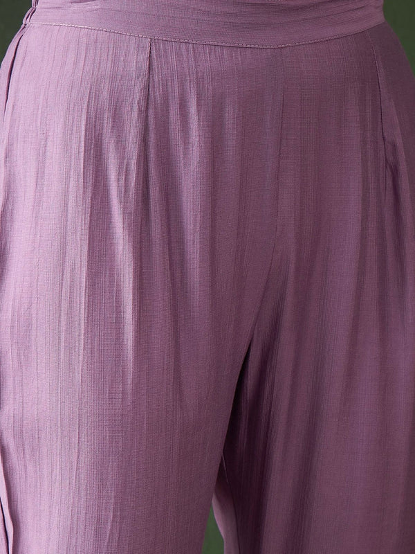 Purple Floral Embroidered Mirror Work A-Line Kurta With Trousers & Dupatta