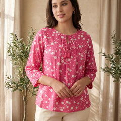 Pink Folka Dots Print Straight Kurtis