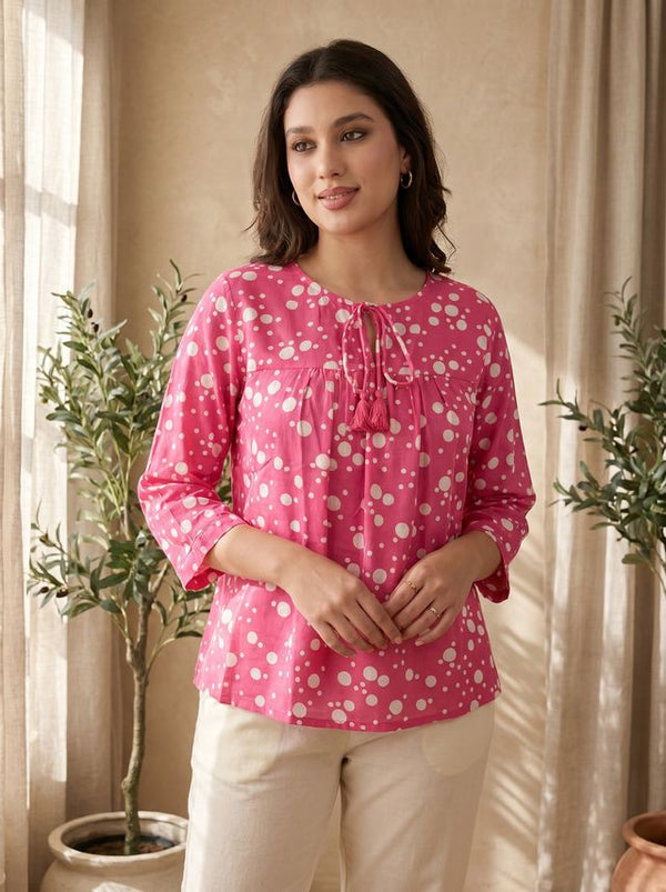 Pink Folka Dots Print Straight Kurtis