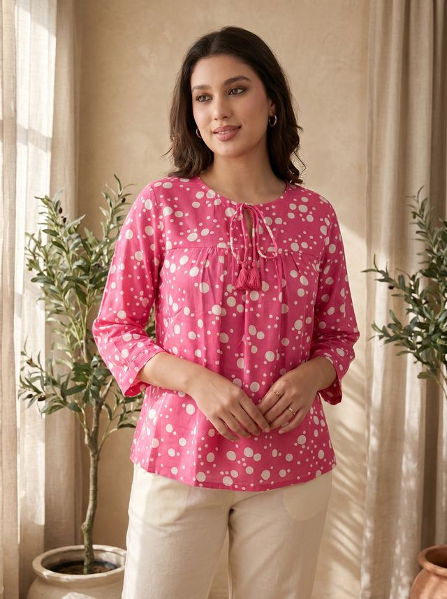 Pink Folka Dots Print Straight Kurtis