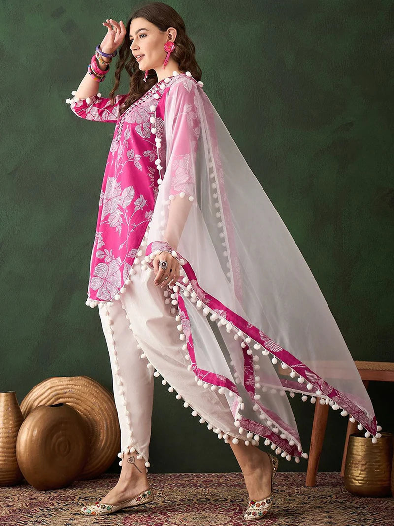 Floral Printed Mirror Work Pure Cotton Kurta With Dhoti Pant & Dupatta