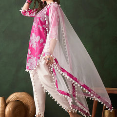 Floral Printed Mirror Work Pure Cotton Kurta With Dhoti Pant & Dupatta