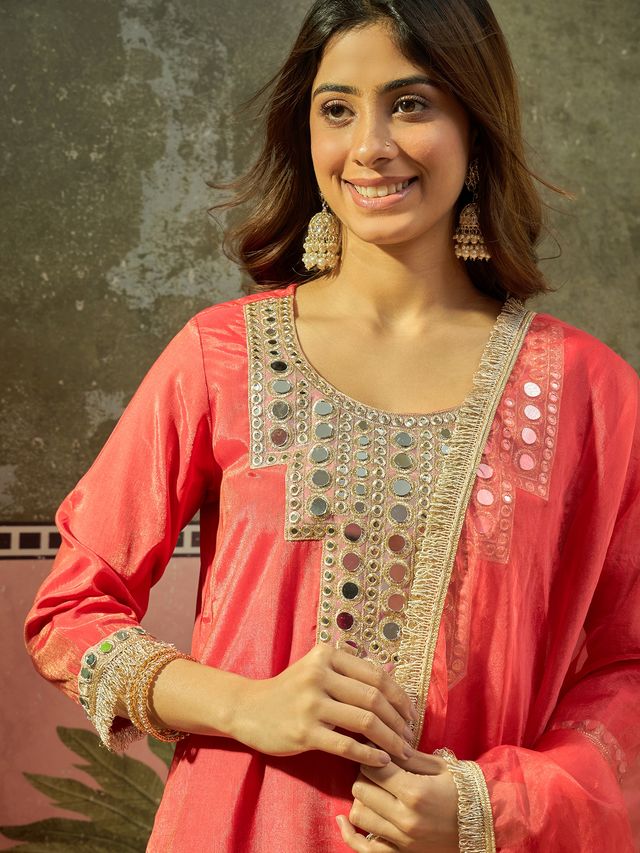 Floral Embroidered & Sequin Work Kurta With Farshi Salwar & Dupatta Kurta Set