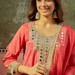 Floral Embroidered & Sequin Work Kurta With Farshi Salwar & Dupatta Kurta Set