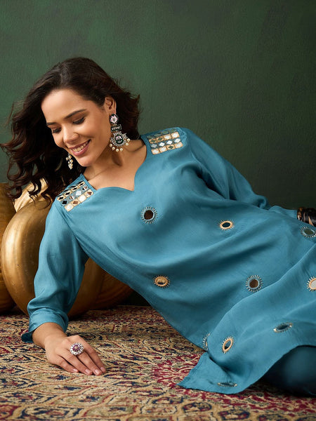 Black Floral Embroidered Mirror Work Straight Kurta With Dhoti Pants