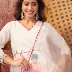 Off White Ethnic Motif Embroidered Straight Kurta With Trouser & Dupatta Kurta Set