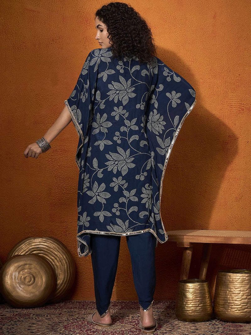 Floral Embroidered Regular Mirror Work Kaftan Kurta with Dhoti Pants