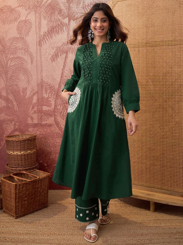 Floral Embroidered Thread Work A-Line Kurta With Trousers