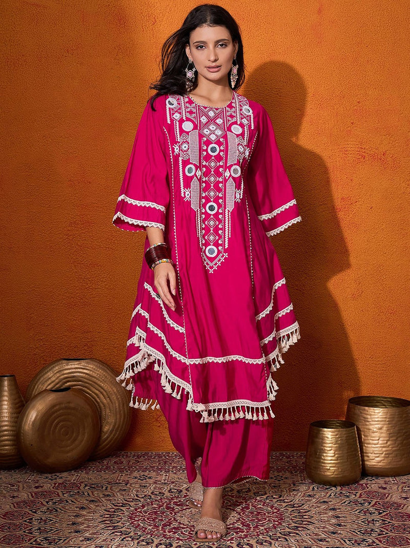 Floral Embroidered Regular Mirror Work A-Line Kurta with Palazzo