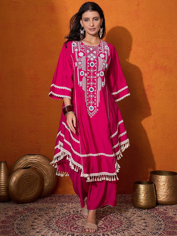 Floral Embroidered Regular Mirror Work A-Line Kurta with Palazzo